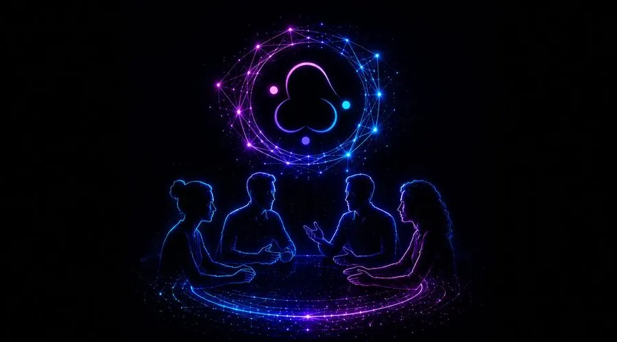 Four people in conversation beneath a glowing awareness symbol