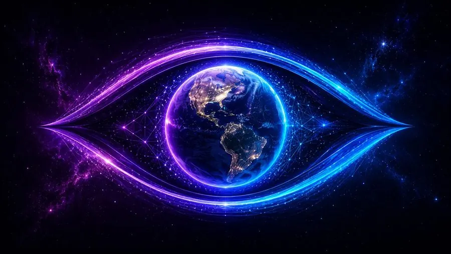 A glowing eye of light encircling planet Earth, symbolising awareness