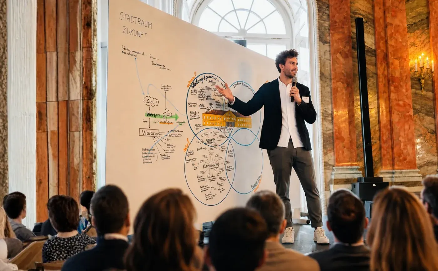 Robin Hotz facilitating in front of a graphic recording wall with a clear picture of the future